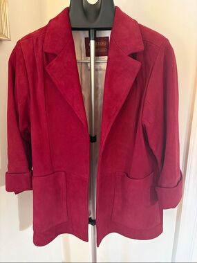 Vintage Lamb Suede Cuffed Sleeve Blazer – Size 12 – Soft Red Leather Jacket